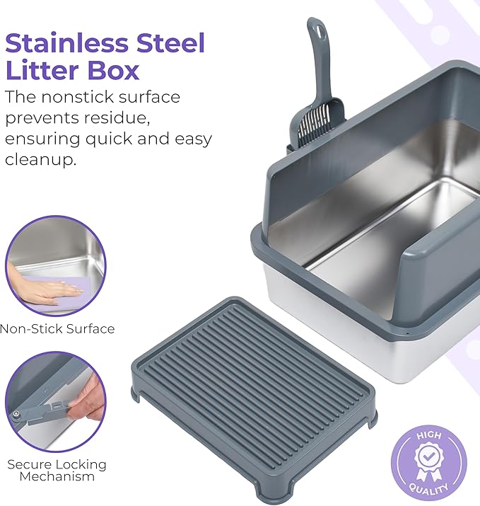 iPrimio Premium XL Stainless Cat Litter Box with Enclosure, 1 Scooper and Elevated Litter Mat - Durable, Easy to Clean and High Sides Cat Box with Step Scoop - Scratch and Bite Proof - Dark Grey
