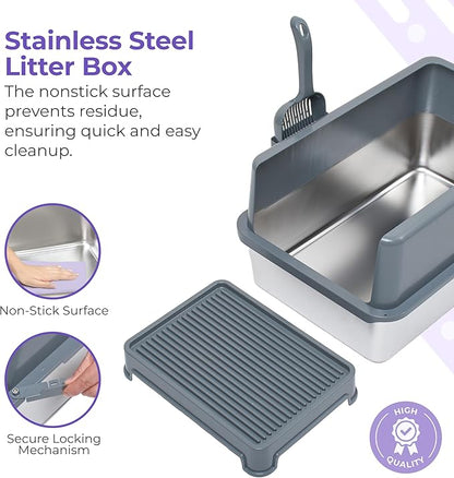 iPrimio Premium XL Stainless Cat Litter Box with Enclosure, 1 Scooper and Elevated Litter Mat - Durable, Easy to Clean and High Sides Cat Box with Step Scoop - Scratch and Bite Proof - Dark Grey