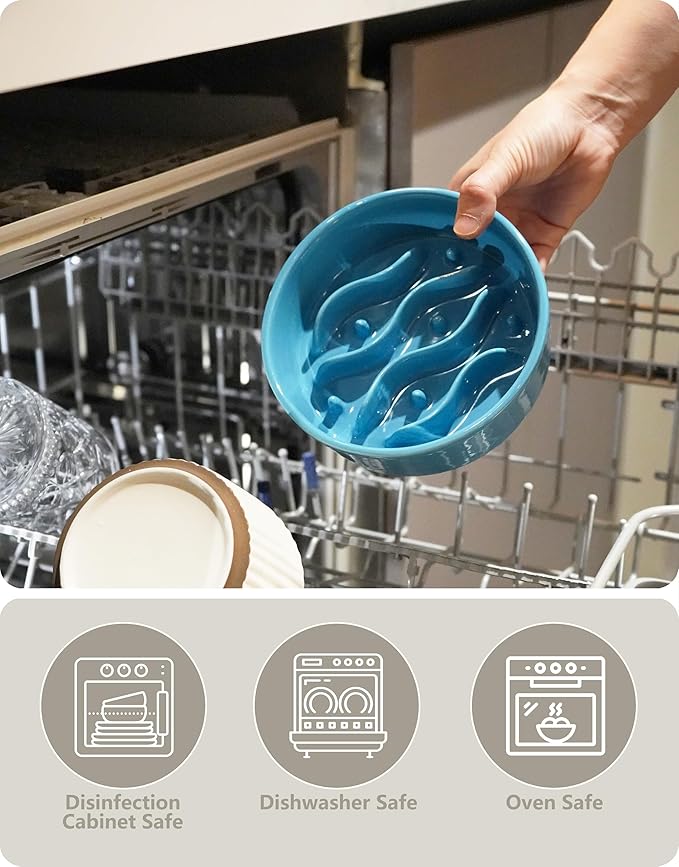 Ceramic Slow Feeder Dog Bowls for Small Dogs, 0.6 Cup Dog Slow Feeder for Fast Eater, Puzzle Maze Bowl, 14oz, 6in, Baby Blue
