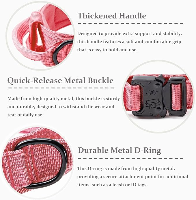 Tactical Dog Collar, Adjustable Military Training Nylon Dog Collar with Control Handle and Heavy Quick-Release Metal Buckle for Small Medium Large Dogs, Light Pink XXL