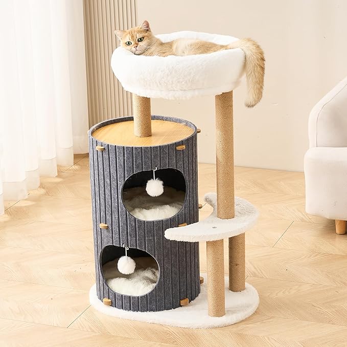 Modern Cat Tree for Indoor Cats Large Adult, 36in H Cat Tree Tower with Scratching Posts, Cozy Cat Bed Cave, Washable Cushions, Dangling Balls, Play&Nap Cat House Condo for All Breeds, Gray