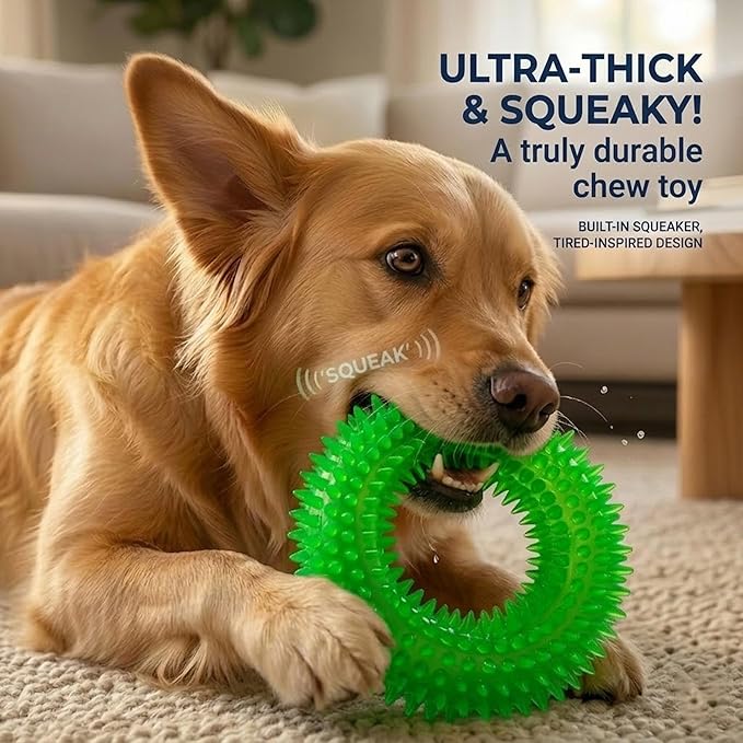 ADUCK Dog Squeaky Chew Toys for Aggressive Chewers, Small Medium Large Dogs Teeth Cleaning Soft Natural Rubber Float Toy for Indoor Outdoor Water Pool, Donut Ring Design 4.92 inch, Crystal Green