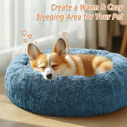 JOLLYVOGUE Calming Dog Beds Large Sized Dog, 36in Donut Washable Large Pet Bed, Anti-Slip & Anti-Anxiety Fluffy Faux Fur Round Dogs Bed, Fits up to 80 lbs Pets (Blue)