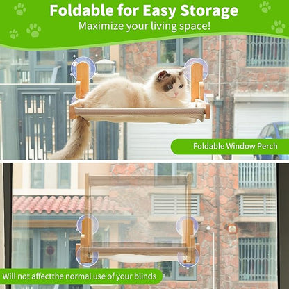Cat Window Perch with Wooden Frame – Aloxina Foldable Cat Hammock Bed for Indoor Cats, Breathable Sandwich Mesh Cover, Strong Suction Cups, No Drilling, Supports Large Cats