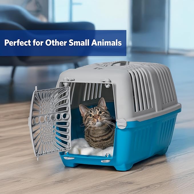 MidWest Homes for Pets Spree Travel Carrier - Hard-Sided Dog & Cat Carrier, Small Pet Travel Crate with Handle, Ventilated Design, Durable Plastic Door, Easy Assembly, 19-Inch, Blue