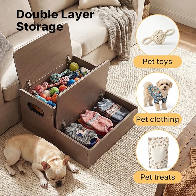 Veehoo Wooden Dog Steps for Bed Couch with Storage 18"H 20"W, 2 Step Pet Stairs for Dogs to Get on Bed with Non Slip Rug, Jiont Friendly Pet Cat Stairs Puppy Doggy Ramp Ladder for Small to Large Dogs