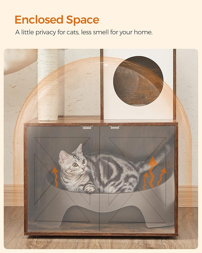 Feandrea Cat Tree with Litter Box Enclosure, 59-Inch Modern Cat Tower, 2-in-1 Condo with Scratching Posts, Washable Removable Cushion, Rustic Brown UPCT113X01