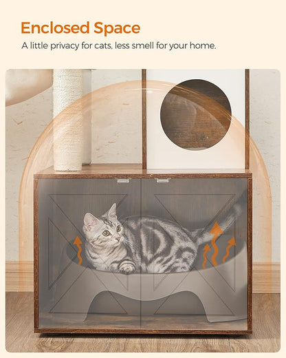 Feandrea Cat Tree with Litter Box Enclosure, 59-Inch Modern Cat Tower, 2-in-1 Condo with Scratching Posts, Washable Removable Cushion, Rustic Brown UPCT113X01