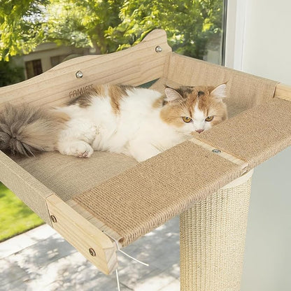 54.3" Cat Window Perch with 3 Adjustable Roman Column Sisal Scratching Posts, Drill-Free Suction Cups, Multi-Level Perch for Climbing & Bird Watching, 60 lbs Capacity