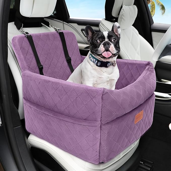 HEGGCOOE Small Dog Car Seat, Memory Foam Dog Booster Seats with Thick Cushion for Medium Dogs Under 35lbs, Detachable Washable Pet Car Seat Bed with Storage Pockets,2 Safety Belts Purple