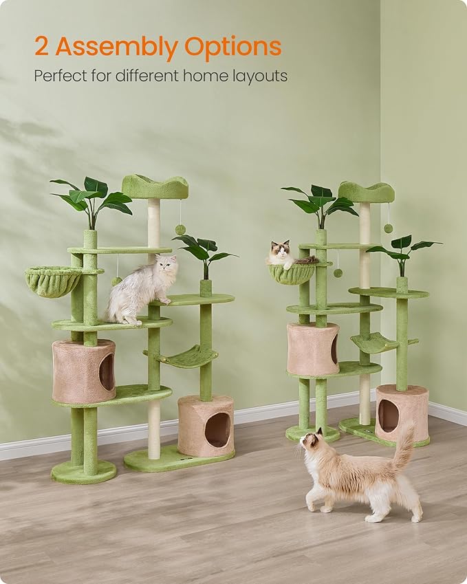 Feandrea Cat Tree, 68.1-Inch Tall Cat Tower, Multi-Level Plush Condo with Artificial Leaves, 3 Scratching Posts, 2 Pompoms with Bells, Grass Green and Camel Brown UPCT330C01