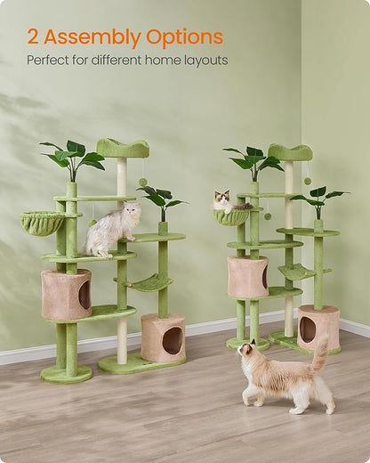 Feandrea Cat Tree, 68.1-Inch Tall Cat Tower, Multi-Level Plush Condo with Artificial Leaves, 3 Scratching Posts, 2 Pompoms with Bells, Grass Green and Camel Brown UPCT330C01