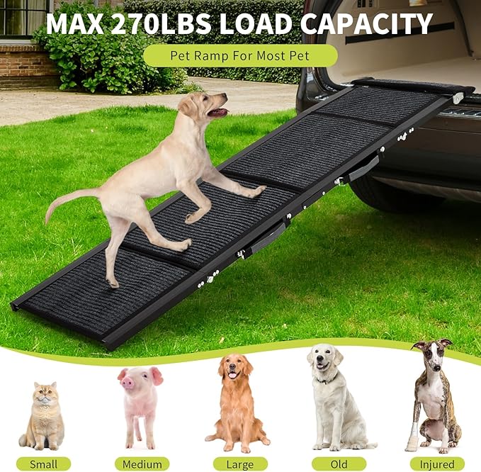 GarveeLife Dog Ramp for Car 71"× 20" Large Folding Pet Stair Ramps for Truck, SUV, with Non-Slip Surface, Up to 250 LBS, Outdoor Dog Car Ramp for Medium & Large Dogs, Portable Pet Steps