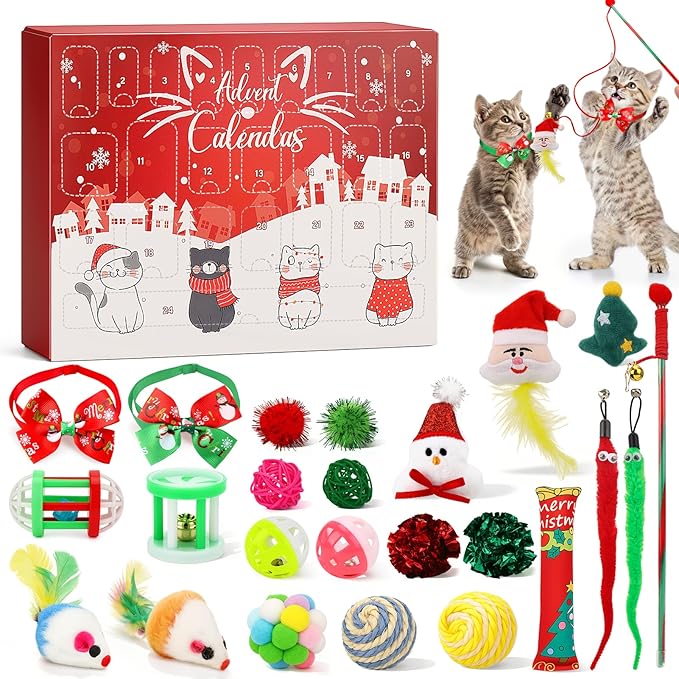 Mity rain Cat Advent Calendar 2025 with 24 Days of Surprises, Christmas Cat Toys with Cat Bowies, Bells, Mice, Catnip, Feather Toys, Xmas Fun Gifts for Cats Lovers