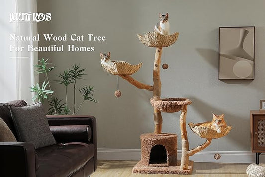 59" Cat Tree Tower with Real Solid Wood Natural Branch, Modern Cat Tree for Large Cats w/3 Handwoven Wicker Baskets- Luxury Boho Cat Furniture w/Condo & Soft Hammock, Scratching Post, Brown