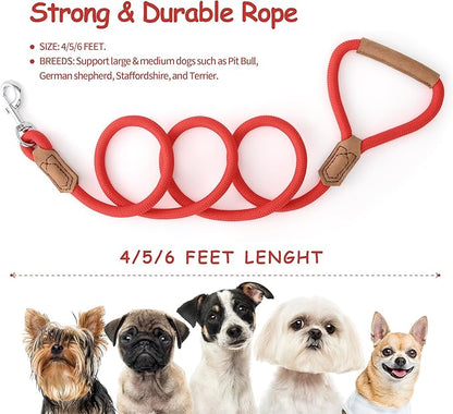 Mile High Life Leather Dog Leash, Heavy Duty Strong Genuine Leather Handle Rope Leash Soft and Comfortable for Small Medium Large Dogs (Red, 72 Inch)