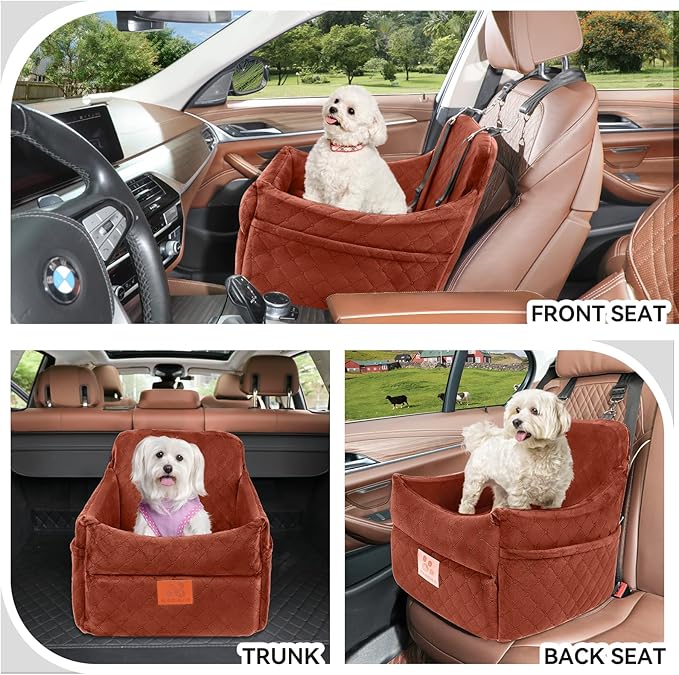 GL GLENSLAVE Dog Car Seat for Small/Medium Dogs, Dog Booster Car Seats with Thick Cushion for Dogs Under 35 lbs, Detachable Washable Pet Carseat with Storage Pockets, 2 Safety Belts(Brown)