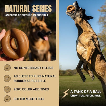 Virtually Indestructible Ring Ball - Natural Series - Lifetime Replacement - Durable Dog Chew Toy for Aggressive Chewers - Safe Non-Toxic Natural Rubber - Chew, Tug & Fetch - Med/Large, 4"