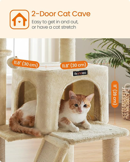 Feandrea Cat Tree, 37.8-Inch Cat Tower, Multi-Level Condo with Widened Perch, Scratching Posts and Ramp, 2-Door Cave, Hammock, Beige UPCT51M