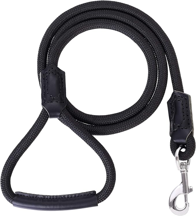 Mile High Life | Premium Leather Dog Leash | Strong Rope Leash | Leather Handle | Zinc Alloy Strong Clasp | Small Medium Large Dogs | 4/5/6 Feet(Black, 48 Inch (Pack of 1))