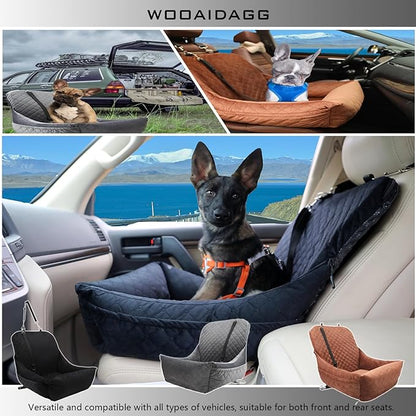 WOOAIDAGG Dog Car Seat,Fully Detachable and Washable Cover,Easy to Assemble,Comfy Cushion Fill in Memory Foam,2 Clip-On Safety Leashes and Storage Pockets (Grey)
