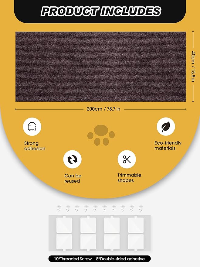 78.7"x15.8" Cat Scratch Mat, Trimmable Self-Adhesive Carpet, DIY Climb Cat Scratcher for Furniture Couch or Wall Protector, Covering Cat Scratching Post Replacement Pads (Brown)