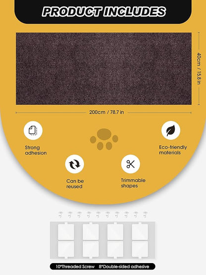 78.7"x15.8" Cat Scratch Mat, Trimmable Self-Adhesive Carpet, DIY Climb Cat Scratcher for Furniture Couch or Wall Protector, Covering Cat Scratching Post Replacement Pads (Brown)