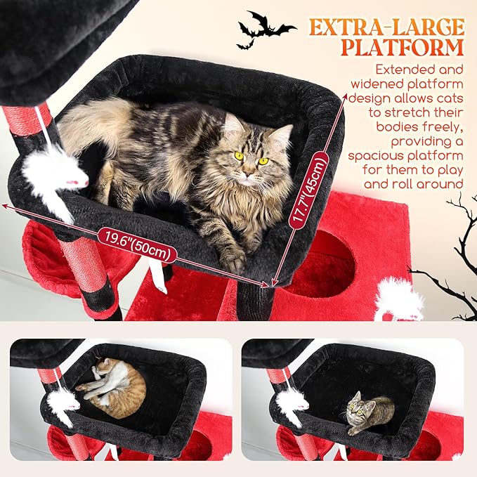 Globlazer Extra Large Gothic Cat Tower, 81-inch Tall Goth Cat Tree for Big Cats 20 lbs, XXL Heavy Duty Cat Scratching Tower for Indoor Adult Cats with 3 Cat Condos, 8 Scratching Posts, F81, Red Black