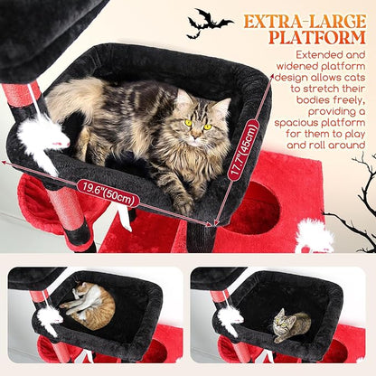 Globlazer Extra Large Gothic Cat Tower, 81-inch Tall Goth Cat Tree for Big Cats 20 lbs, XXL Heavy Duty Cat Scratching Tower for Indoor Adult Cats with 3 Cat Condos, 8 Scratching Posts, F81, Red Black