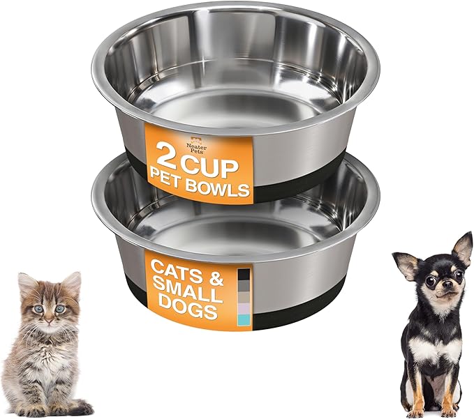 Neater Pet Brands Stainless Steel Dog Bowls with Non-Slip Rubber Bottom – 2 Cup (16 oz), Black - Set of 2 Heavy Duty Metal Dog Bowls, Dishwasher Safe, Food or Water Bowl, Ideal for Small Dogs & Cats
