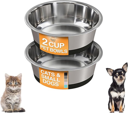 Neater Pet Brands Stainless Steel Dog Bowls with Non-Slip Rubber Bottom – 2 Cup (16 oz), Black - Set of 2 Heavy Duty Metal Dog Bowls, Dishwasher Safe, Food or Water Bowl, Ideal for Small Dogs & Cats