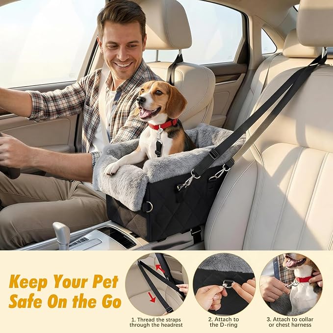 Dog Car Seats for Small Dogs,Center Console Dog Car Seat with Non-Slip and Strong Support,Anti-Collapse Portable Pet Bed for Puppies with Soft Cushion Safety Belt, Small Dogs, Cats Under 12 LBS, Black
