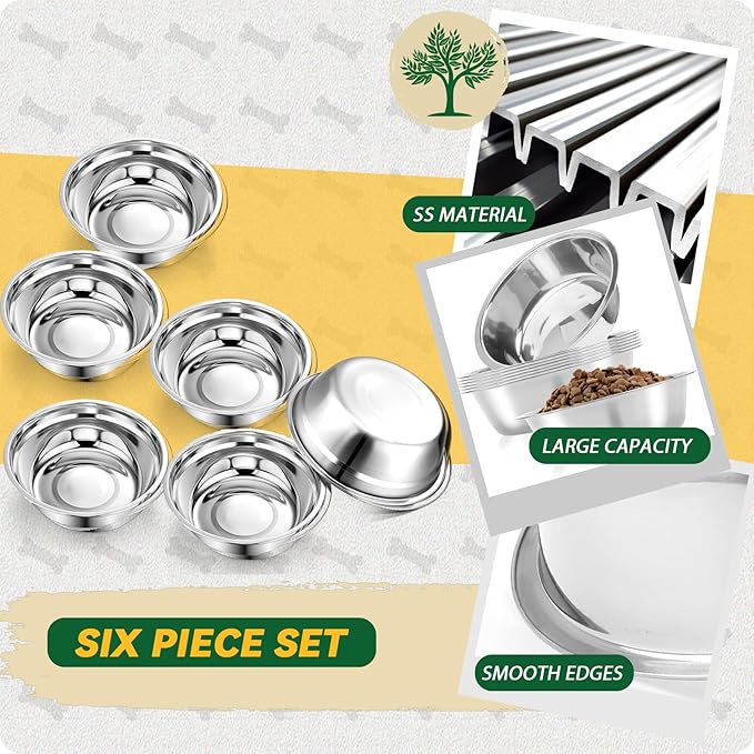 6 PCS Medium Stainless Steel Dog Bowls, 7.1inch Metal Dog Bowl, Pet Puppy Food Water Bowl Set, Thickened Metal Food Water Bowls for Small and Medium Dogs, Dishwasher Safe (28OZ)