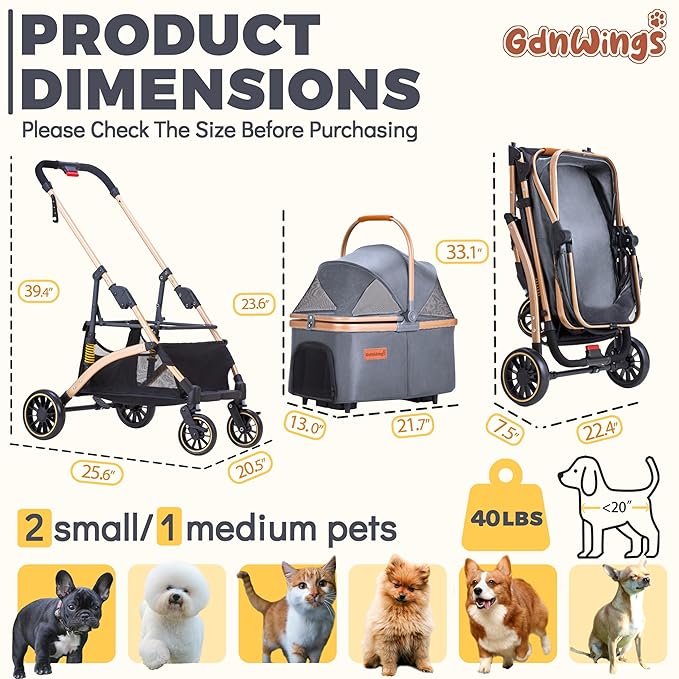 Pet Stroller for Small Dogs, Lightweight Small Dog Stroller for Dogs Cats with 6 Shock Absorption System, Detachable Carrier Suitable for Car Seat & Hand Carry, Safe Outings, Gray