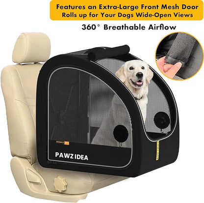 PAWZIDEA Portable Dog Crate for Car Travel, Collapsible Pet Travel Crates for Medium & Large Dogs, Enclosed Soft-Sided Car Kennel Carrier for Backseat, Secures w/Seatbelt & Headrest Strap, Chew-Proof