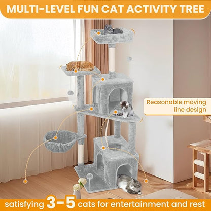 54 Inch Multi-Level Cat Tree Tower with Hammock, Condos & Scratching Posts, Large Cat Furniture for Indoor Cats with Pompoms, Light Grey