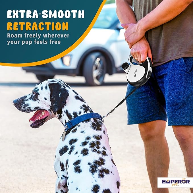 Emperor Pets 26 ft Retractable Dog Leash White - Heavy Duty Retractable Pet Leash with Anti-Slip Grip for Medium to Large Dogs up to 110 lbs -Aura BW26
