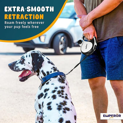 Emperor Pets 26 ft Retractable Dog Leash White - Heavy Duty Retractable Pet Leash with Anti-Slip Grip for Medium to Large Dogs up to 110 lbs -Aura BW26