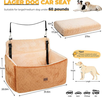 Dog Car Seat for Large Medium Dogs up to 60 lbs – Elevated Dog Booster Seat for Cars with Extra-Safe 14in High Front, Memory Foam Cushion, Washable Cover, Backseat Pet Car Bed (Brown)