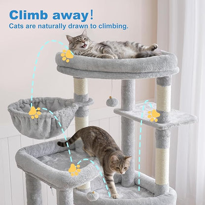 Hey-brother Cat Tree, 67.3 Inches Tower with 3 Soft Platform Beds, 2 Large Condos, 9 Sisal Scratching Posts, 2 Hammocks and Toys, Multi-Level Step House for Multiple Indoor Kittens, Light Gray MPJ084W
