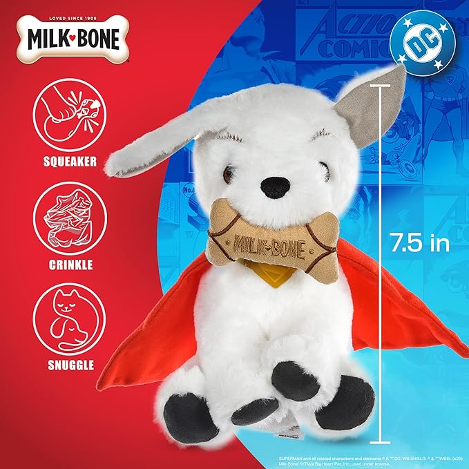DC Comics Superman Krypto The Superdog Plush Dog Toy – Soft Squeaky Dog Toy with Crinkle Sounds, Cape & Milk-Bone Treat Design, 7.5 Inch