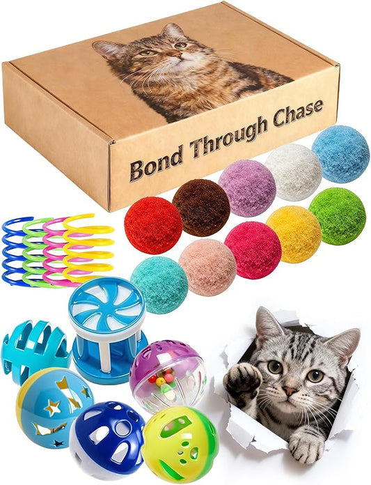 20 Pack Cat Toys Balls Indoor Kitten Set with Bell Balls Plush Balls Colorful Springs Interactive Safe Long-Lasting Toys for Kittens and Adult Cats (1.5'' - 2.3'')