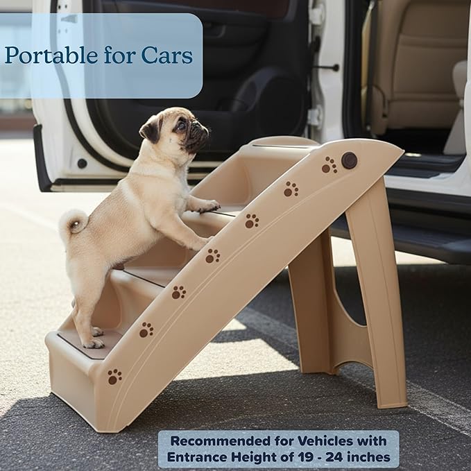 Pet Stairs - Home and Vehicle Foldable Nonslip Dog Steps with 4-Step Design - For Puppies, Kittens, and Other Small Pets by PETMAKER (Tan)