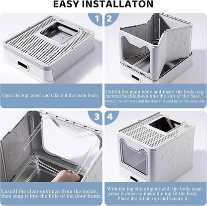 Enclosed Cat Litter Box with Lid Top Exit Covered Metal Stainless Steel Litter Box Leak Proof & Odorless Easy to Clean Including Cat Litter Scoop and Litter Mat