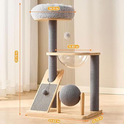 HITTITE Solid Wood Cat Tree Tower with Scratching Post, 37.8 Inches Tall Cat Towers with Scratching Board and Scratcher Ball, Modern Cat Tower With Space Capsule and Removable Top Bed for Indoor Cats.