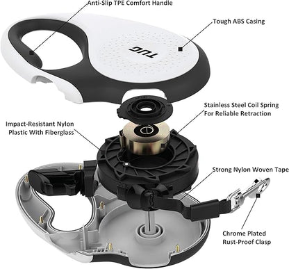 TUG 360° Tangle-Free Retractable Dog Leash | 16 ft Strong Nylon Tape | One-Handed Brake, Pause, Lock (Medium, White)