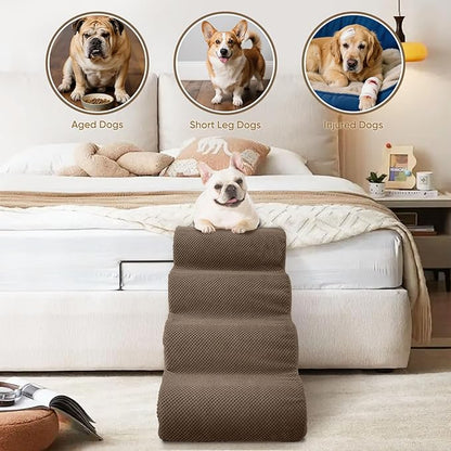PAWSCART Pet Stairs for Dogs 3-Step, 15.7" H Pet Stairs for High Bed, Couch Sofa & Chair, 30D Material Soft Foam Dog Steps with Non-Slip Bottom Surface Removable Washable Cover, Brown