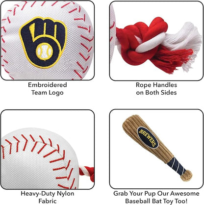 MLB MILWAUKEE BREWERS Baseball Rope Toy for DOGS & CATS. Tough nylon, Sporty Baseball Design, Heavy-duty ropes with Inner SQUEAKER