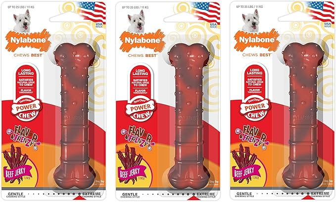 Nylabone 3 Pack of Power Chew Textured Chew Toys, Regular, Beef Jerky Flavor Bone for Dogs Up to 25 Pounds, Made in The USA