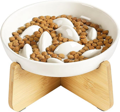 PETTOM Slow Feeder Cat Bowl with Stand, Ceramic Slow Eating Cat Bowl with Higher Edges Fish Pool Design Elevated Food Bowls for Dry and Wet Food Anti-Vomiting Puzzle Feeder for Healthy Eating Diet